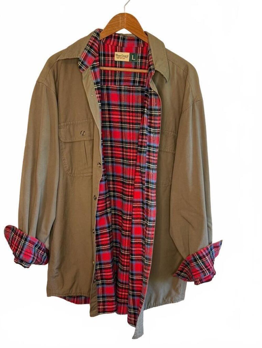 Men's Large Khaki Plaid Lined Shirt Jacket Workwear Shacket Utility Grunge